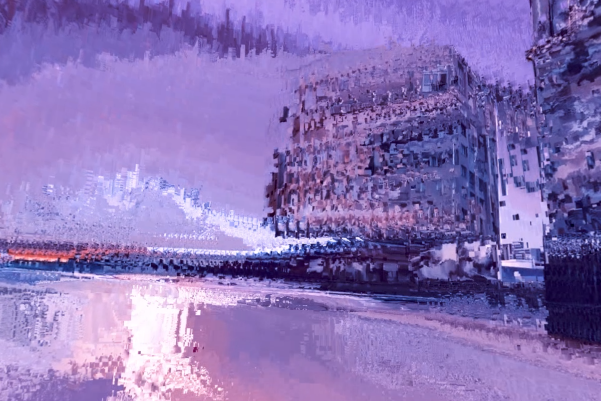 Snapshot from an experimental glitch video featuring a train station with impressionistic purple glitches creating an abstract, painterly effect.