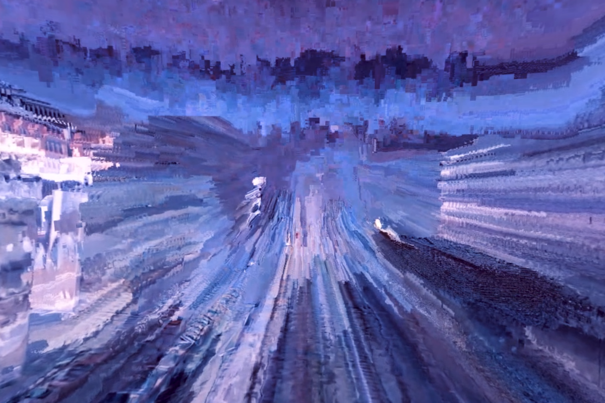 Glitched image depicting train rails, with a dynamic, forward motion effect, in a palette of purple and blue, giving an impressionistic view as if taken from the perspective of a moving train.
