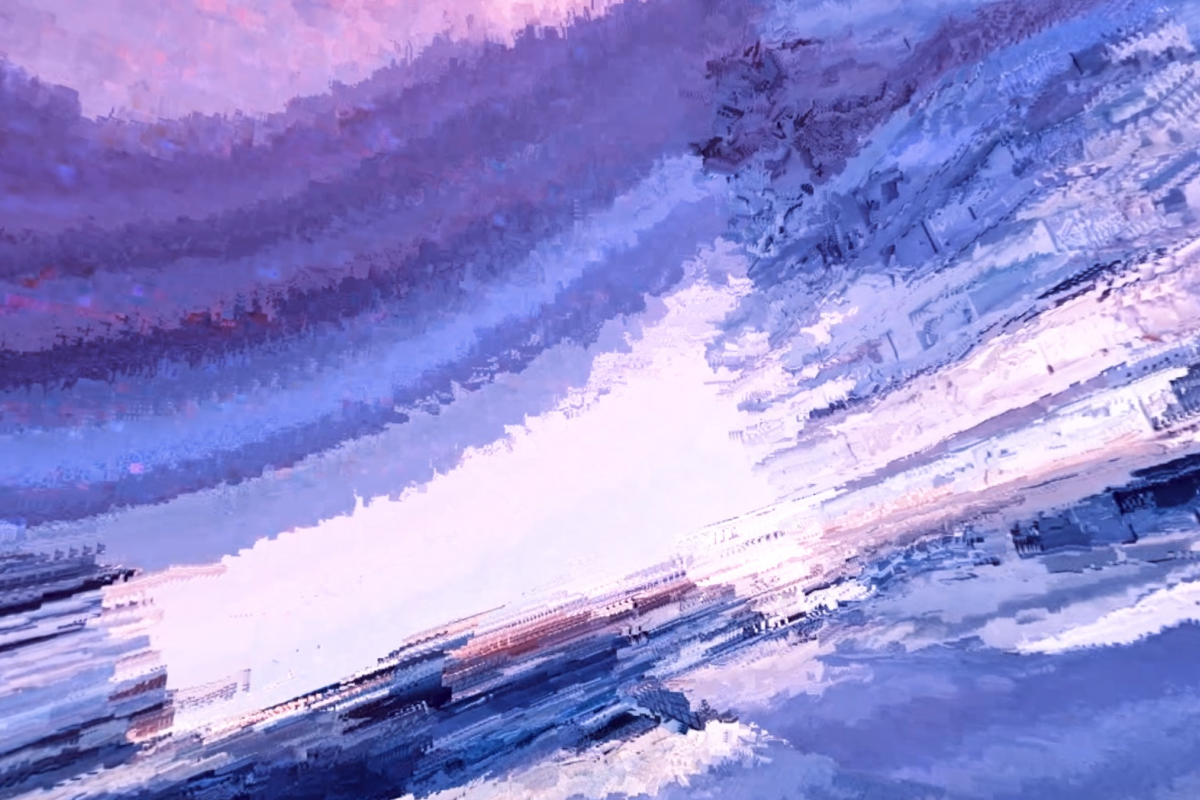 Image from an experimental glitch video depicting a distorted train station scene with vivid purple and white tones, creating a dreamlike impressionistic effect.