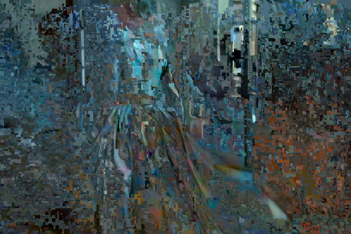 An image exhibiting extensive datamoshing, portraying a figure in period attire in a fragmented and pixelated form, set against a background of chaotic digital patterns that mimic the strokes of a modernist painting.