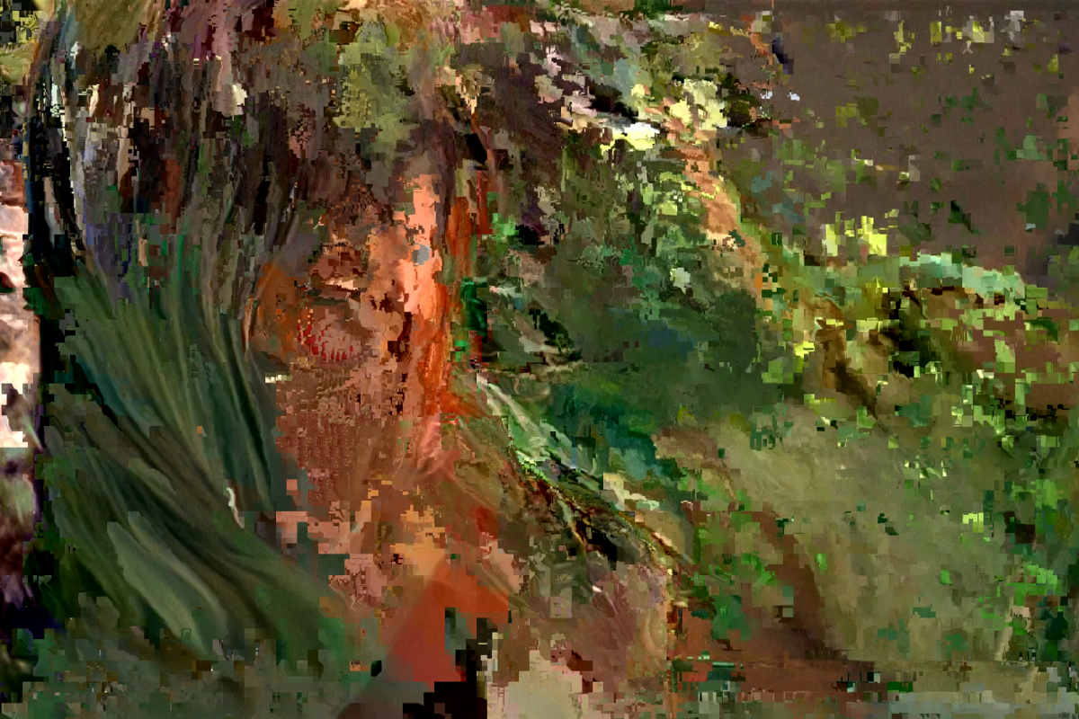 A datamoshed image that presents a chaotic blend of green colors and shapes, reminiscent of an abstract impressionist painting, where the original subject matter is obscured by the heavy video glitch effects.