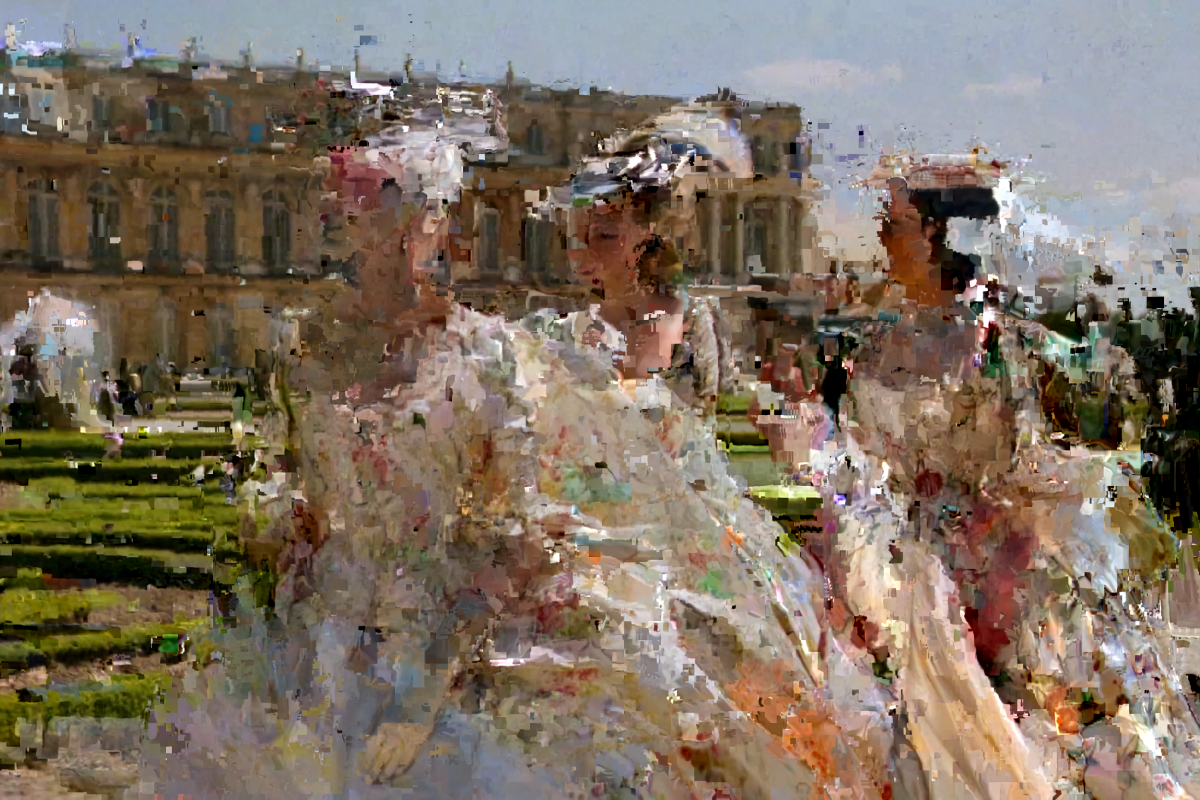A heavily datamoshed image resembling an impressionist painting, featuring figures in period dress against an architectural backdrop, with the video glitch effects creating a mosaic of distorted colors and shapes.