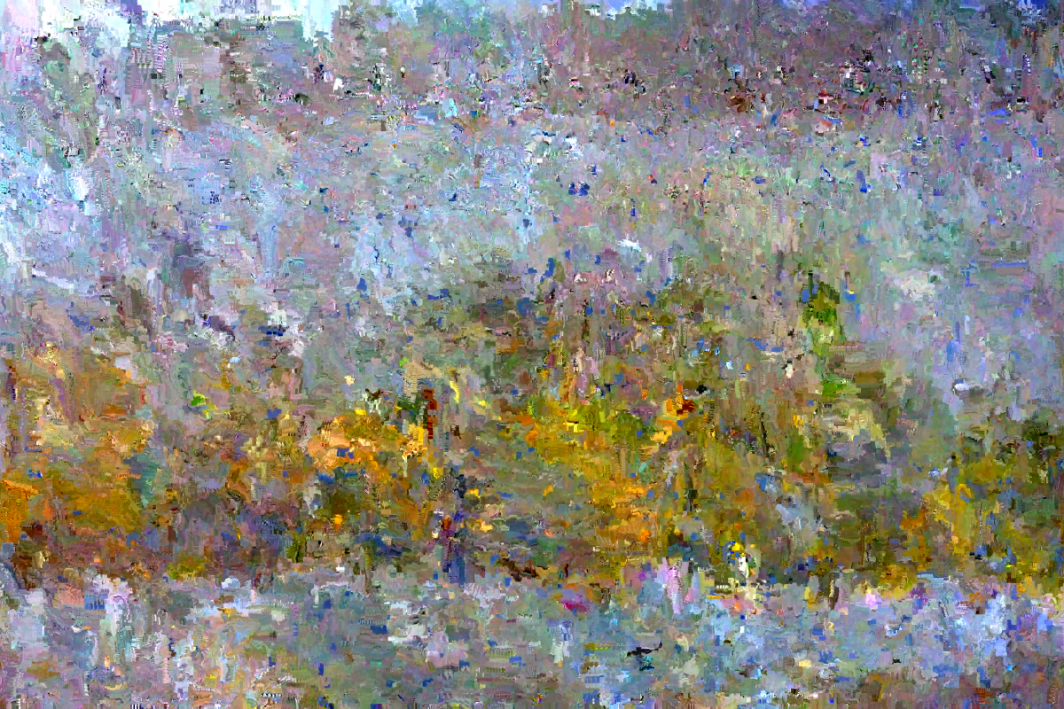 This image presents a heavily pixelated and abstracted scene reminiscent of an impressionist painting, with a multitude of colors and shapes blending together to obscure any definitive forms, creating a visually textured and layered appearance.