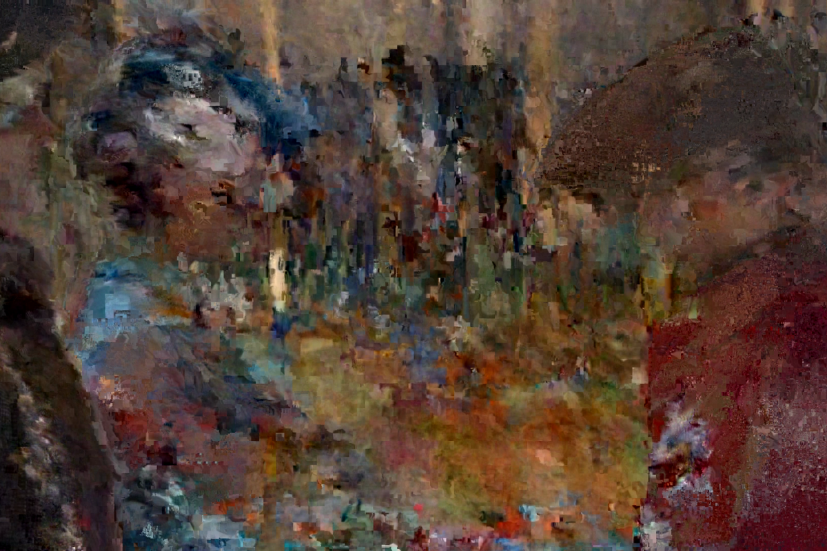 A datamoshed image with an array of distorted, painterly effects that abstractly portray a scene with indistinct figures and surroundings, evoking an atmosphere similar to an expressionist painting.