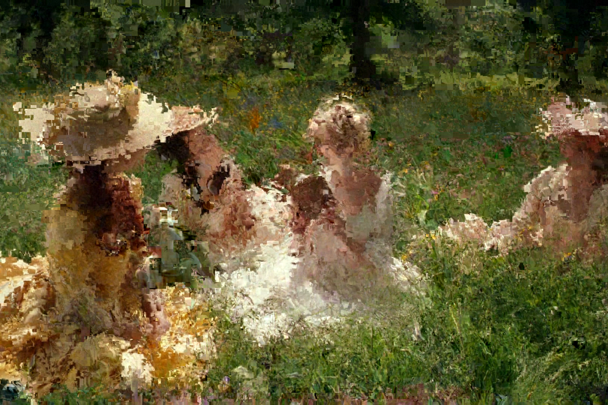 An impressionistic-style image with vibrant, datamoshed effects that distort the original content, resembling a painting with abstract forms and colors. The scene is suggestive of a garden with figures that blend into the lush, glitched environment.