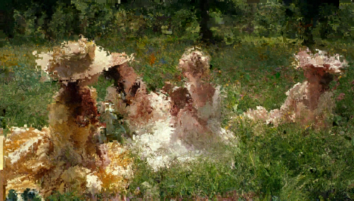 An impressionistic-style image with vibrant, datamoshed effects that distort the original content, resembling a painting with abstract forms and colors. The scene is suggestive of a garden with figures that blend into the lush, glitched environment.