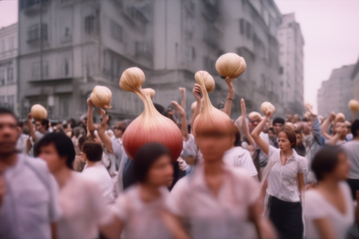 A motion-blurred image of a protest with participants holding aloft oversized, bulbous onions in a variety of colors. The scene is set on a city street with the focus on the floating onions above the crowd, adding a layer of surrealism to the event.