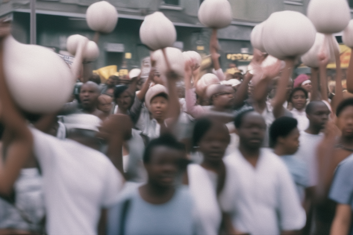A slightly blurred photograph of a protest with people carrying large white onion-shaped balloons above their heads, creating an unusual visual element in the busy street scene.