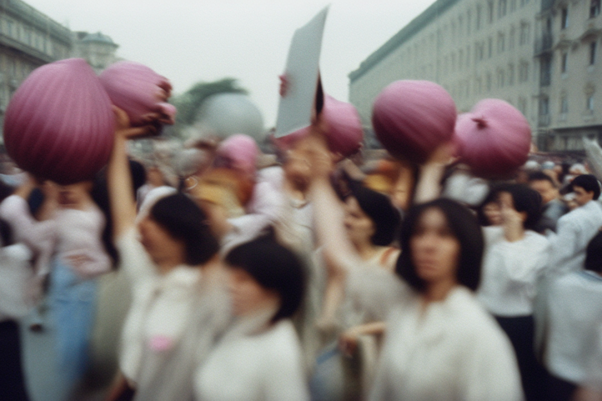 A blurred image of a crowd where individuals are raising giant, colorful onion balloons in a protest. The movement and vibrant colors create a dynamic and surreal atmosphere in the gathering.
