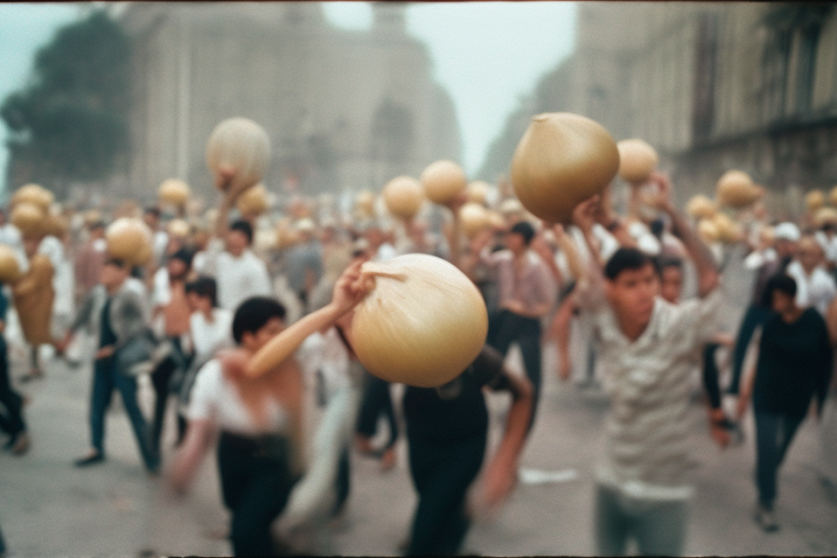 A dynamic, motion-blurred image of a crowd in a protest, with individuals holding large onion-shaped objects over their heads. The photograph captures the energy of the moment, with the focus on the oversized onions creating a sense of movement and urgency.
