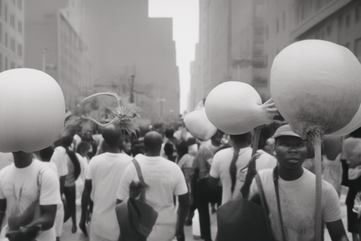 A black and white photo of a protest where participants are holding oversized onions on sticks above their heads. The surreal scene is crowded with demonstrators in a city street, creating an uncanny and striking visual.