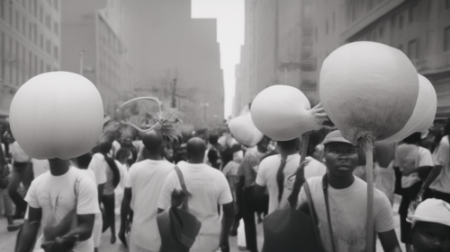 A black and white photo of a protest where participants are holding oversized onions on sticks above their heads. The surreal scene is crowded with demonstrators in a city street, creating an uncanny and striking visual.