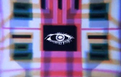 Digital artwork featuring a central black square with a white, sketch-like drawing of an eye, set against a background with a colorful, glitch-like pattern resembling a distorted digital screen.