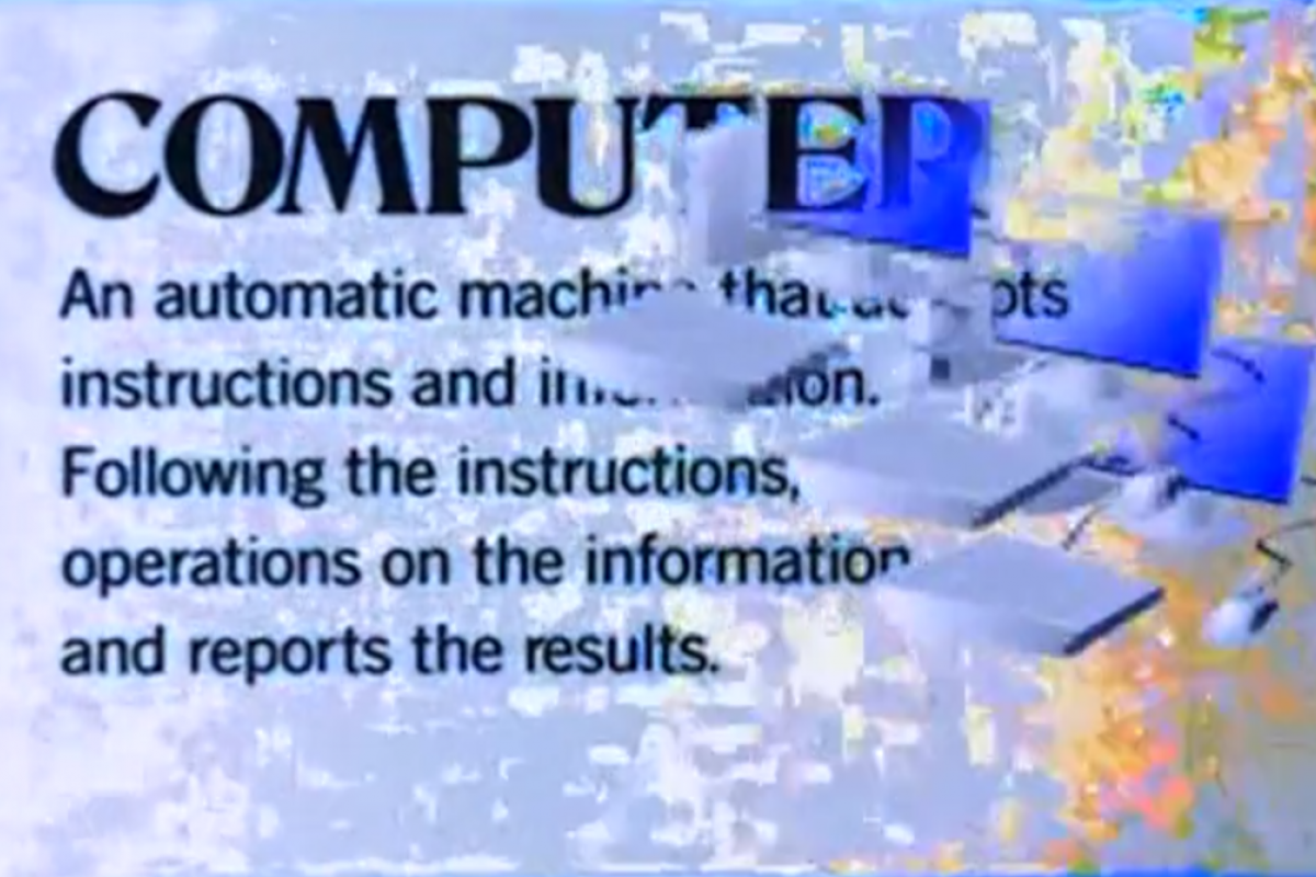 Partially obscured text related to computers overlaid on a digitally distorted background with glitch effects in blue, white, and orange. The visible words read 'COMPUTER, An automatic machine that accepts instructions and information. Following the instructions, operations on the information and reports the results.