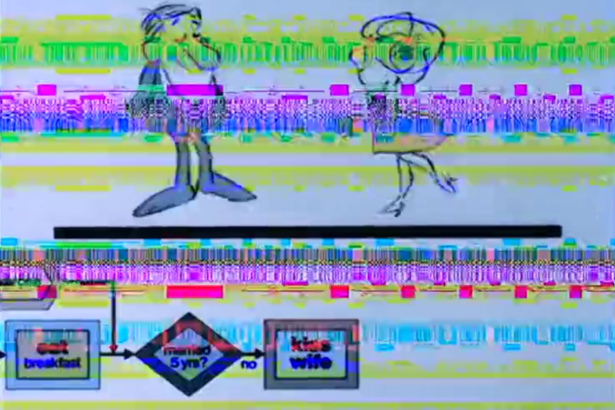 A glitch art image depicting two cartoon figures reminiscent of 1970s style, appearing to interact with each other across a backdrop of bright, horizontal stripes and digital noise. Below them are symbols and words in frames suggesting a decision-making process, with the words 'yes,' 'no,' and 'kiss wife ?' visible, alluding to a daily routine or marital clichés.
