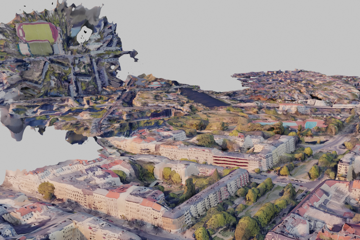 A surreal pre-rendered image of Montreuil with photogrammetry aberrations creating a disjointed urban landscape. Buildings and trees are depicted on uneven planes against a flat sky, with distortions in the terrain that contribute to a dreamlike interpretation of the cityscape.