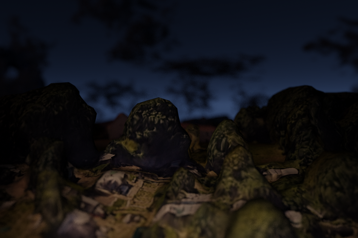 A nighttime scene created from photogrammetry of Montreuil in Paris, featuring textured, three-dimensional shapes that evoke the landscape of a neighborhood. The dark silhouettes of trees and a deep blue sky with scattered clouds are visible in the background, giving the image a quiet, nocturnal atmosphere.