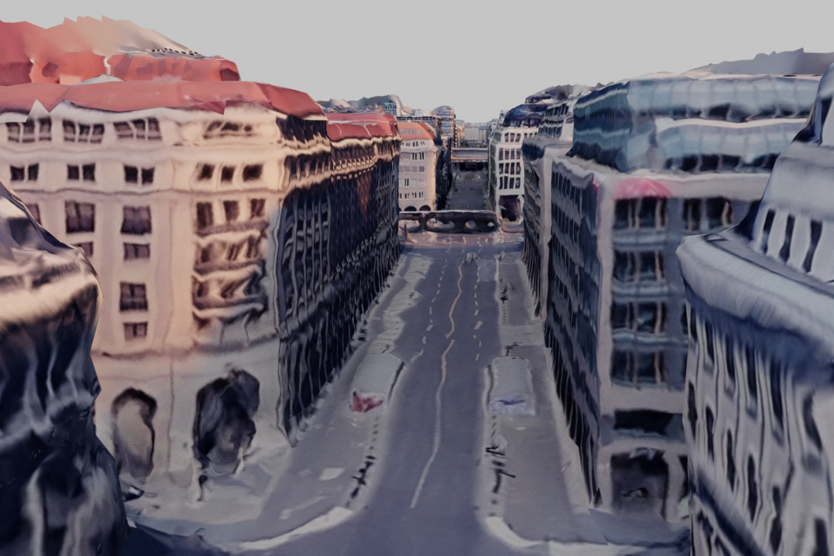 A photogrammetry image depicts a street in Berlin, characterized by a fluid and distorted architectural landscape. The buildings appear to melt into the street, creating a surreal urban scene, with the evening light casting soft shadows and giving depth to the city's altered textures.